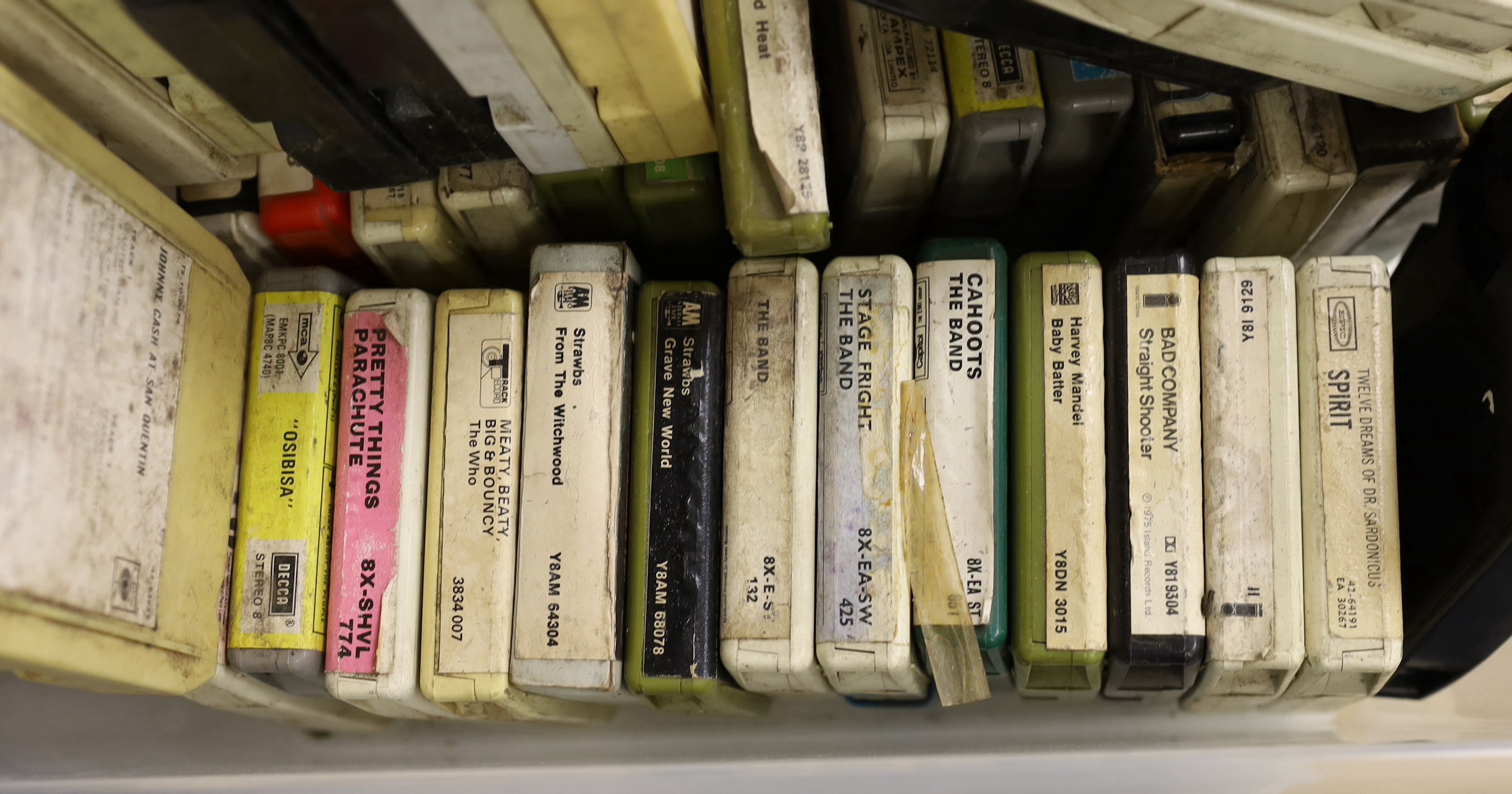 A collection of approximately fifty 8 track cassettes from the 1970's, including Fleetwood Mac, Santana, Jimi Hendrix, Chicago, The Beach Boys, Strawbs, Emerson, Lake & Palmer, Led Zeppelin, The Doors, etc.